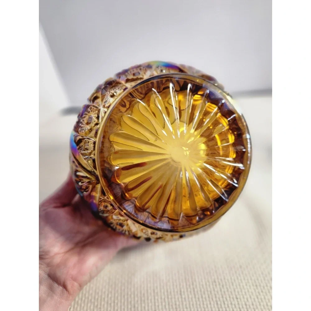 VTG LE Smith Hobstar Daisy Amber Carnival Glass‎ Bowl Sawtooth Great Condition